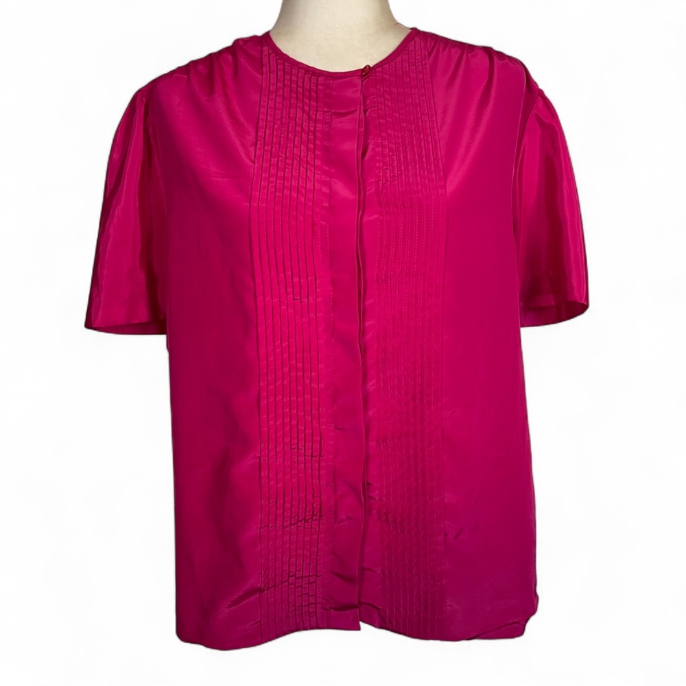 Vintage 80s 90s Orare Pink Short Sleeve Blouse Top Button Down Pleated Front
